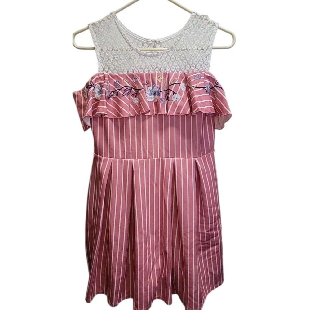 Knit Works Lined fit & flare Floral Ruffle cold shoulder Pink Striped Dress 16